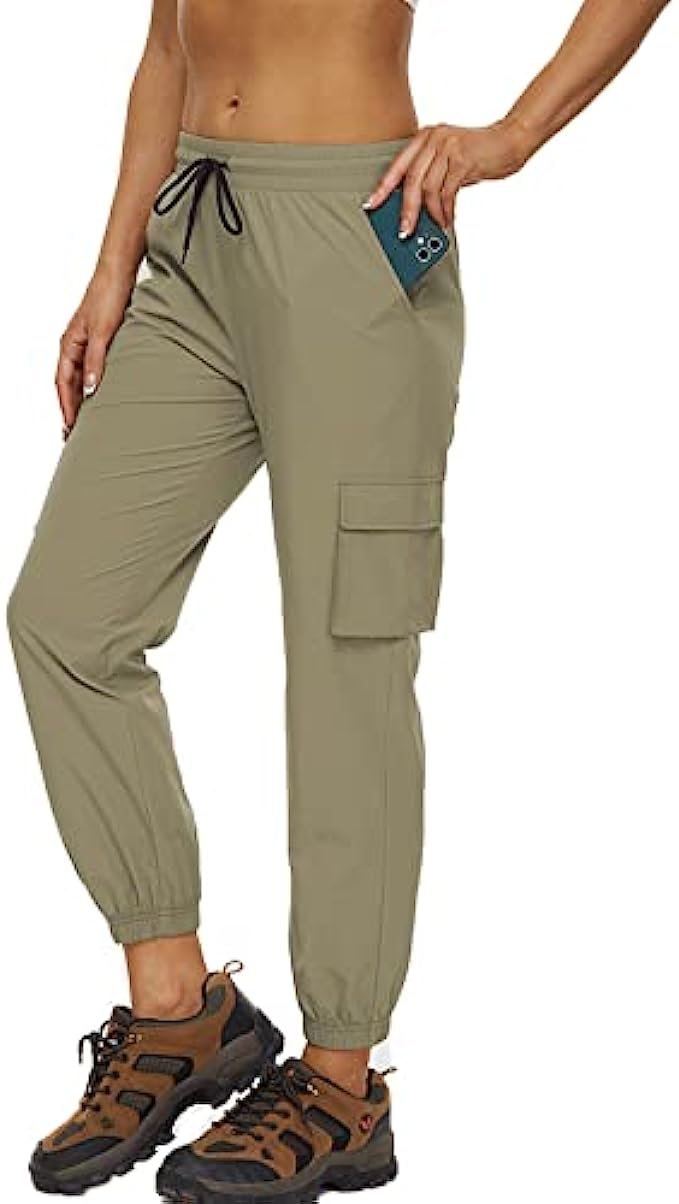 POWERASIA Women's Hiking Cargo Pants Lightweight Joggers Quick Dry Water Resistant Outdoor UPF 50 Zipper Pockets