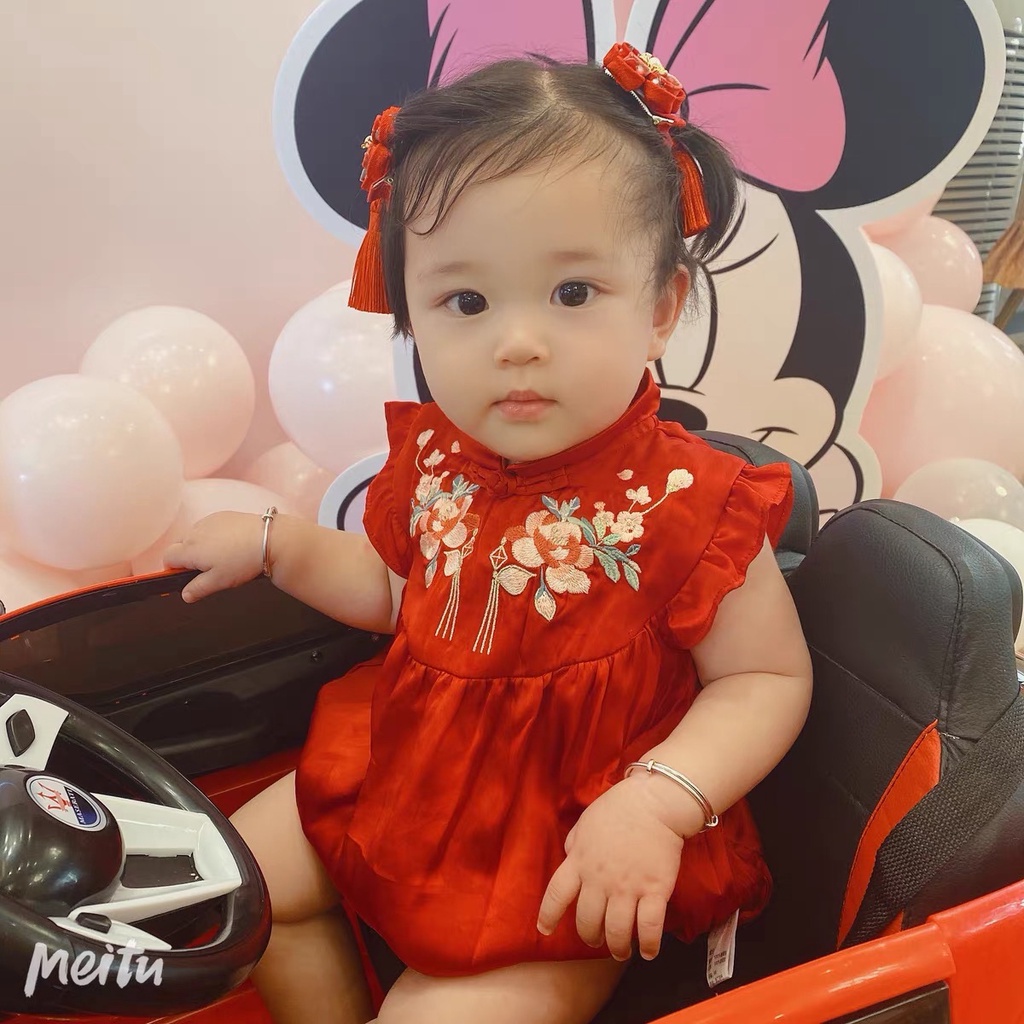 Racial Harmony Day Costume Baby Girl Cheongsam Romper Red w Pink Flowers Chinese New Year Romper CNY Clothes