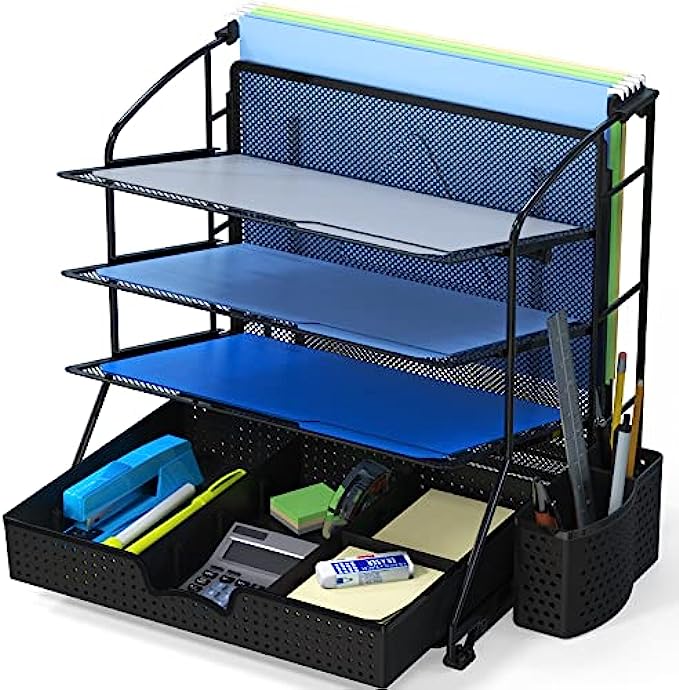 SimpleHouseware Desktop Document Tray Organizer with Sliding Drawer/Caddy/Hanging File Section, Black
