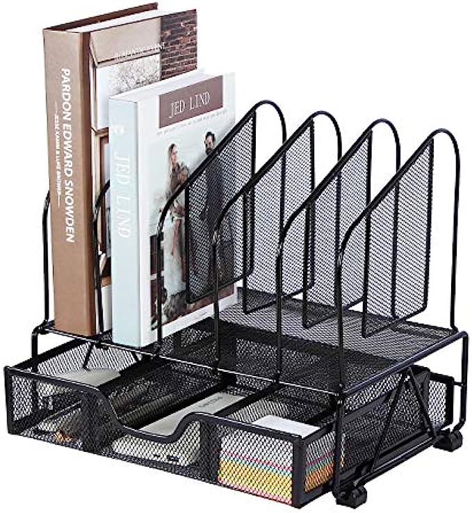 Beiz Desk Organizers and Accessories Storage with Drawer, Paper Tray and 5 Vertical File Folder Holders to Collect Office Supplies, Desktop Organizer for Workspace Home Office School, Black