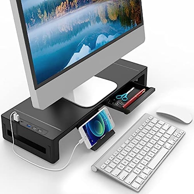 Desk Monitor Stand with Drawer, AQQEF Width Adjustable Monitor Riser with Storage,Laptop and Computer Screen Shelf Organizer with USB3.0 Data Port and TYPE-C Charging Port,Black